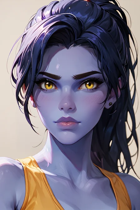 <lora:OWidowM:1.0>
OWidowM, 1girl, black hair, ponytail, colored skin, purple skin, yellow eyes, looking at viewer, simple background, portrait, score_9, score_8_up, score_7_up, score_7,