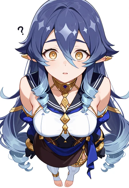 masterpiece,high quality details, absurdres,
<lora:Layla:0.8>
layla_cnr, 1girl, blue hair,very long hair,drill locks, pointy ears, yellow eyes, hair between eyes, sidelocks,medium breasts,, simple background, white background, from above,solo,, horrified,confused,, sailor shirt ,halter top ,godet skirt, ,stirrup legwear,