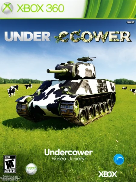xb0xc0ver, detailed, masterpiece,xbox360 video game cover of a tank with (cow texture pattern) in a meadow,group of cows  (text "UNDERCOWER") <lora:Xbox360Cover4:0.9>