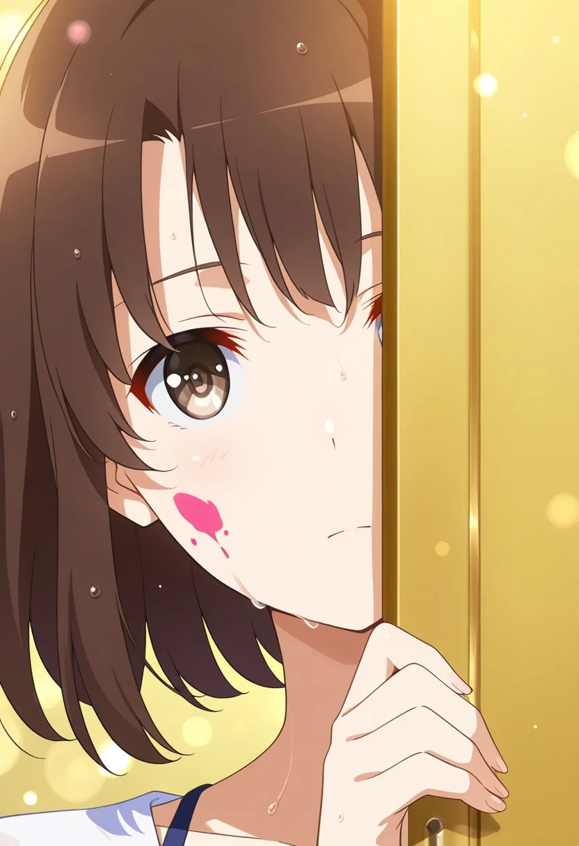 (solo), 1girl, m3gum1kat0, bangs, brown hair,pupils,brown eyes,short hair, ((detailed eyes)),
safe_pos , close-up portrait, cinematic framing, (digital painting:0.8), bokeh, depth of field , anime style,
elegant, masterpiece, best quality, highly detailed, dramatic shadows,
peeking from behind door, yellow door, blue and gold reflection, wet messy hair, hand gripping door edge, splattered paint accents, artistic composition, bright yellow background, looking at viewer