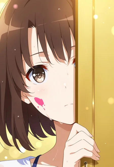 (solo), 1girl, m3gum1kat0, bangs, brown hair,pupils,brown eyes,short hair, ((detailed eyes)),
safe_pos , close-up portrait, cinematic framing, (digital painting:0.8), bokeh, depth of field , anime style,
elegant, masterpiece, best quality, highly detailed, dramatic shadows,
peeking from behind door, yellow door, blue and gold reflection, wet messy hair, hand gripping door edge, splattered paint accents, artistic composition, bright yellow background, looking at viewer