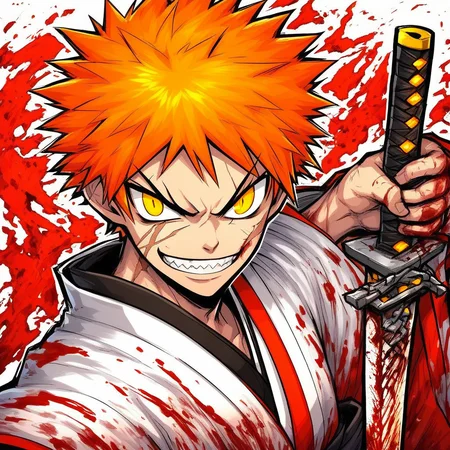 Izin save, thick outline, black outline, male focus, 1boy, solo, orange hair, weapon, teeth, upper body, sword, red eyes, spiked hair, japanese clothes, looking at viewer, holding, smile, holding weapon, short hair, blood, holding sword, , MULTIPLE BOYS, thick outline, black outline, white hair, portrait, sword, yellow eyes, scar across eye, japanese clothes, glowing