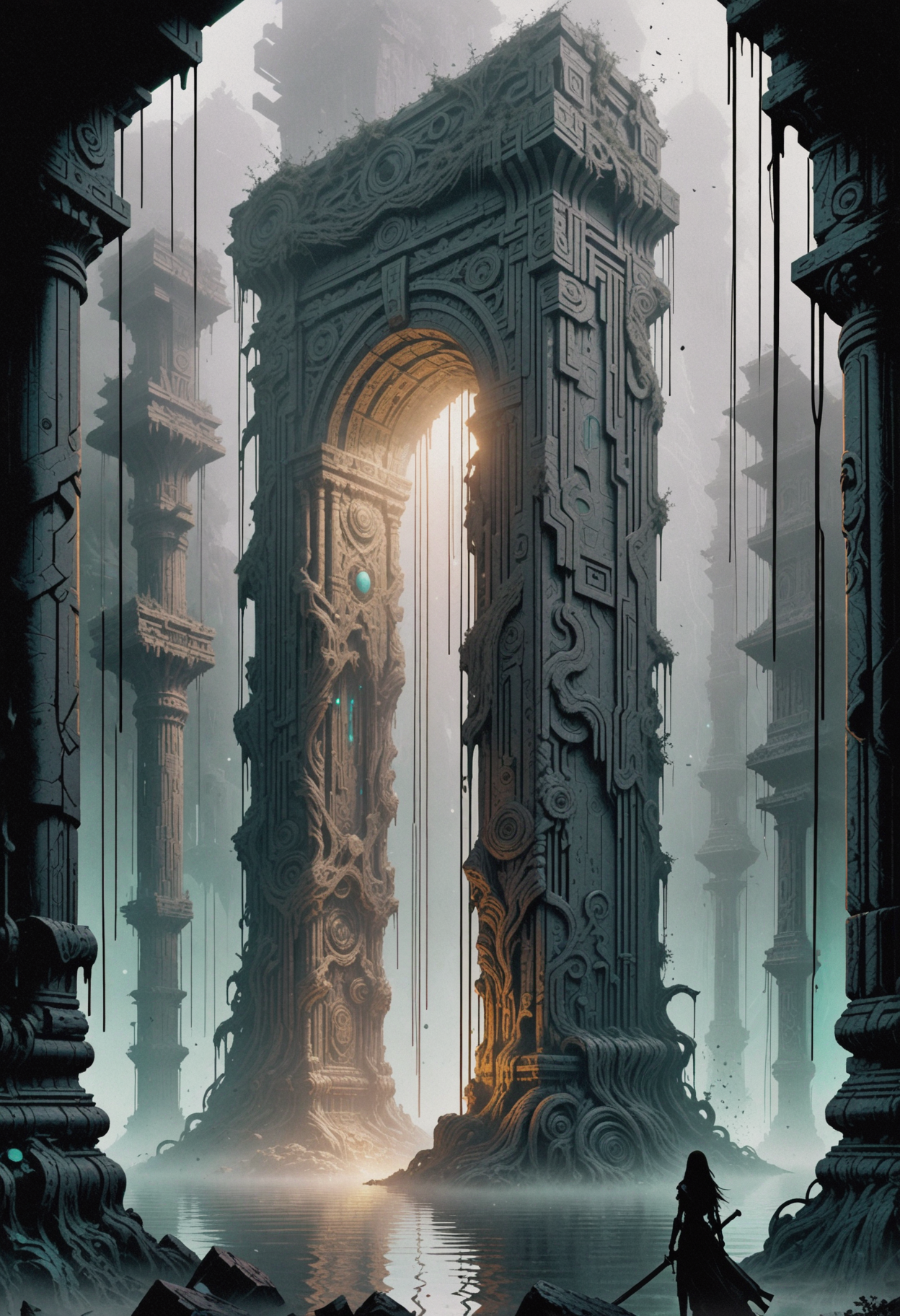 A wonderland fantasy design featuring an ethereal broken monolith in the focus of attention. The mist-like monolith is shrouded in layers of a luminous fabric with tattered edges, flowing in the wind like shimmering ribbons of ripped cloth, giving off a spectral turquoise light, emphasizing the monolithic apparition's otherworldly presence.  Set within an ancient shrine with ornate pillars circling the monolith. The scenery is draped in a dense fog, giving off a subtle, foreboding glow, adding to the unreal impression.  Palpable horror is lingering in the scene. The design's style is playful, mystical and heroic. The color concept is defined by white and gold shades.   <lora:dmd2_sdxl_4step_lora> <lora:xl_AnimeSythenticV1.1>