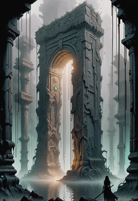 A wonderland fantasy design featuring an ethereal broken monolith in the focus of attention. The mist-like monolith is shrouded in layers of a luminous fabric with tattered edges, flowing in the wind like shimmering ribbons of ripped cloth, giving off a spectral turquoise light, emphasizing the monolithic apparition's otherworldly presence. Set within an ancient shrine with ornate pillars circling the monolith. The scenery is draped in a dense fog, giving off a subtle, foreboding glow, adding to the unreal impression. Palpable horror is lingering in the scene. The design's style is playful, mystical and heroic. The color concept is defined by white and gold shades. <lora:dmd2_sdxl_4step_lora> <lora:xl_AnimeSythenticV1.1>