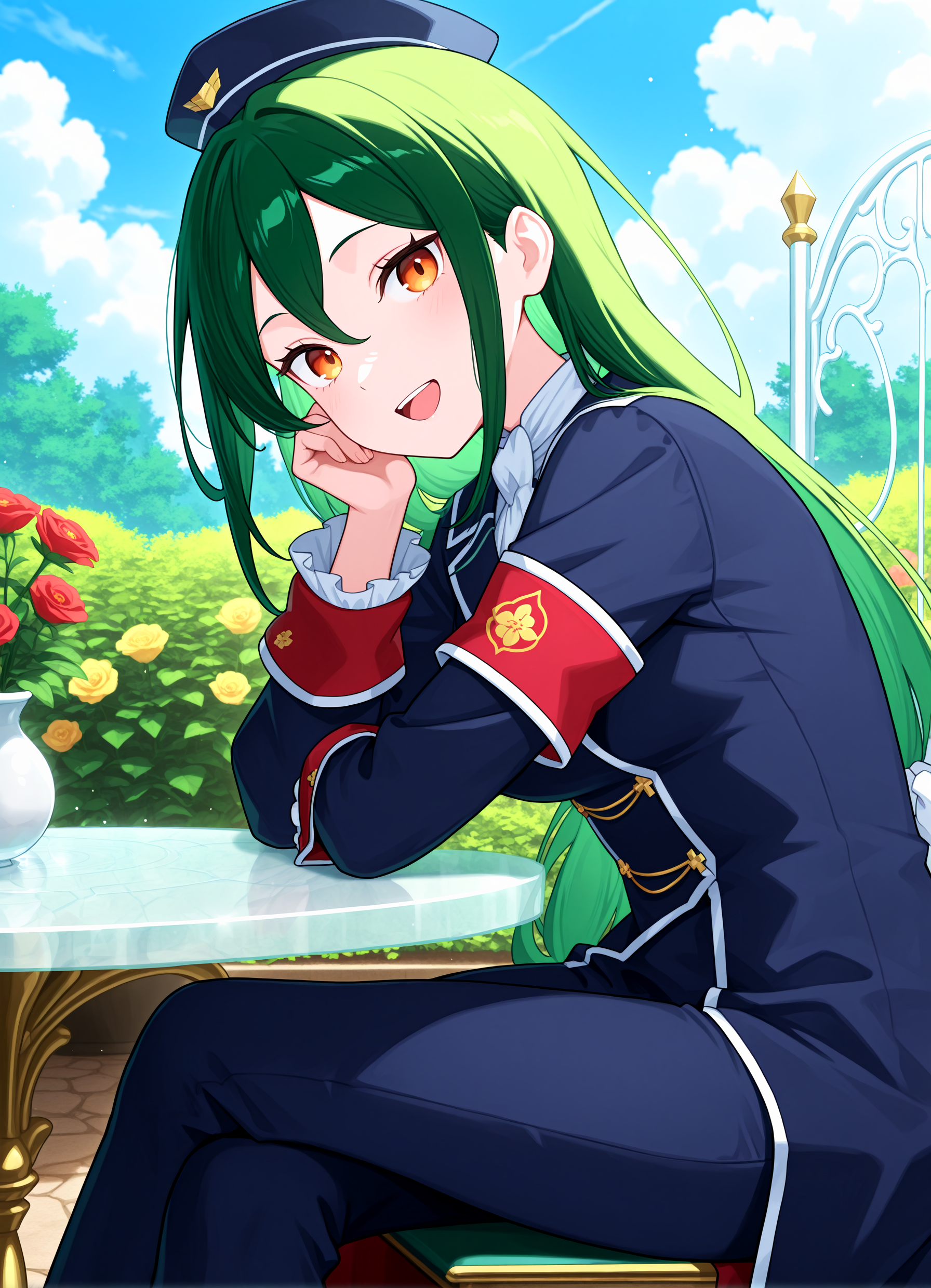 1girl, <lora:kncrusch_sn55:1>, crksn, green hair, blue hat, lower hair ribbon, dark blue coat, single armband, frilled sleeves, red ornament, blue pants, happy, sitting straight, open mouth,
looking at viewer, sitting in chair, single marble table, blue sky, clouds, garden, solo,
high resolution, ultra-detailed, absurdres, masterpiece, best quality, good quality, newest,