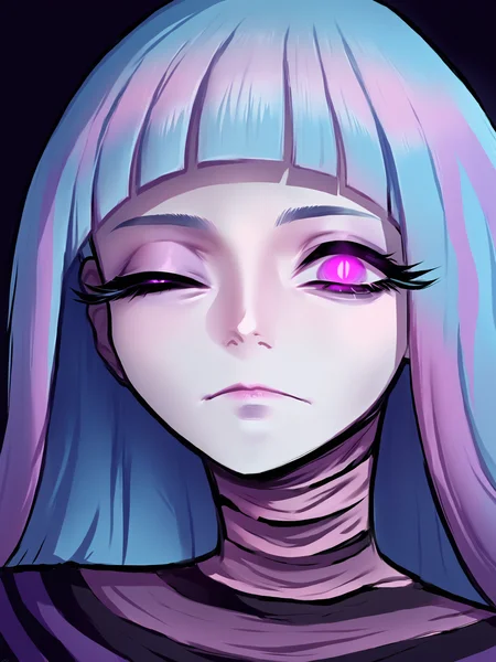 score_9, score_8_up, score_7_up, score_6_up, score_5_up, score_4_up,
BREAK
1girl, meme \(me!me!me!\), (light blue hair:1.1), purple eyes, (one eye closed:1.2), glowing eyes, horror, expressionless, slit pupils, long eyelashes, closed mouth, blunt bangs, adult, mature,
BREAK
solo, portrait, flaming eye,
BREAK
black background, pitch black background, dark, natthelich, <lora:Lunas-Meme-ME!ME!ME!-SDXL-A1_1:1> <lora:Lunas-NatTheLich-SDXL-D2:1>