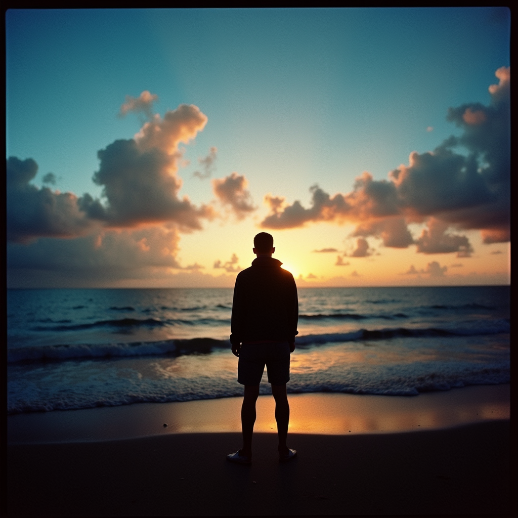 <lora:Kodak Motion Picture Film style v1:1>
Film grain still image of a man standing on a beach at sunset,1boy,male focus,outdoors,sky,cloud,water,from behind,night,ocean,cloudy sky,scenery,sunset,horizon,dark , cinematic look, film look, filmic, contrast, detailed, high quality, sharp image, film color, Kodak Motion Picture Film style, different color, different people, different look, different style, 35MM Film, 16MM Film, Photographic film, music video style, artistic style, cinematic style, film granularity, film noise, image noise, artistic effect, Fujicolor, Fuji film, Analog photography, movie style, movie still, Film grain overlay, Film Grain style
