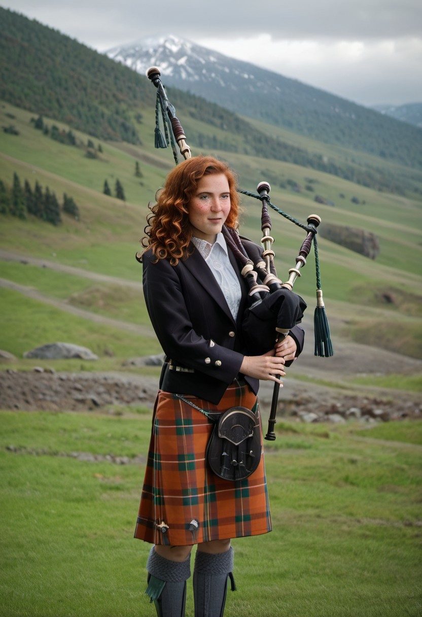Rating_explicit, score_9, score_8_up, score_7_up, (masterpiece, best quality, highly detailed, photorealistic), very detailed face, hyperrealistic, (solo),   (UHD quality details), (1girl), (UHD quality details), 1girl, fem_pipe, standing, (bagpipes), playing bagpipes, windblown hair, scottish girl, long curly auburn hair, freckles, plaid, kilt, wooly socks, hiking boots, black velvet jacket, frilled white shirt, moutain background, misty, fog, overcast, drizzle, depth of field, 8k uhd, absurdres, volumetric lighting, tack sharp focus, beautiful composition, intricate detail, professional illustration