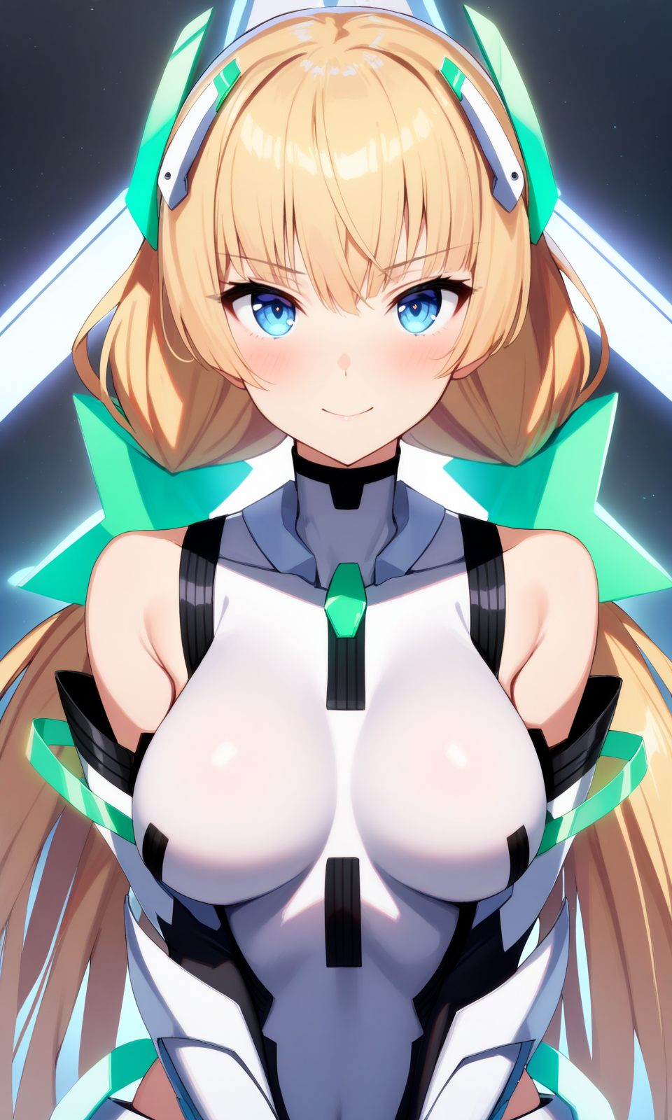 1girl, angelabalzac, blonde hair, blue eyes, deva battle suit, elbow gloves, headgear, long hair, looking at viewer, low twintails, smile, solo, twintails, very long hair, 
looking at viewer, straight-on, 
portrait, 
masterpiece, best quality, very aesthetic, absurdres, 
<lora:AngelaBalzac_XL:1>