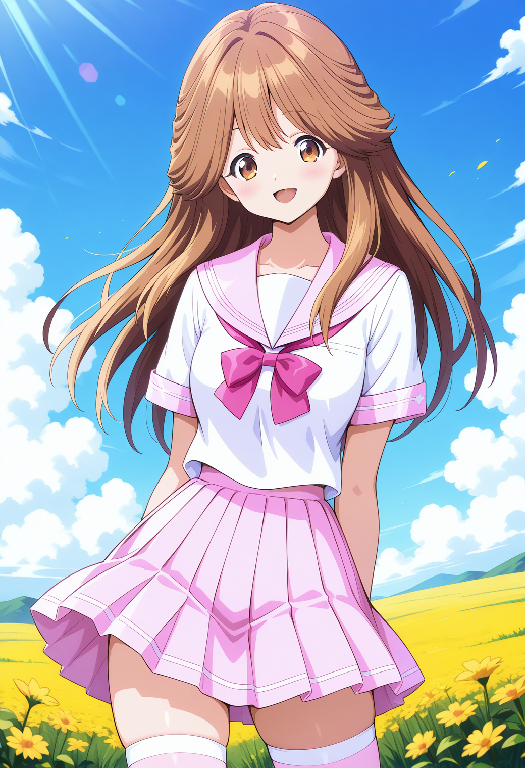 kawai_iyona, brown eyes, brown hair, long hair, school uniform, white serafuku, pink bowtie, pink sailor collar, pink skirt, thighhighs, zettai ryouiki, <lora:kawai_iyona_illustrious_ver1:0.8> 
smile, open mouth, 1girl, solo, (field:1.2), (blue sky:1.2), looking at viewer,, masterpiece, best quality, general,, (cowboy shot, dynamic pose:1.4),