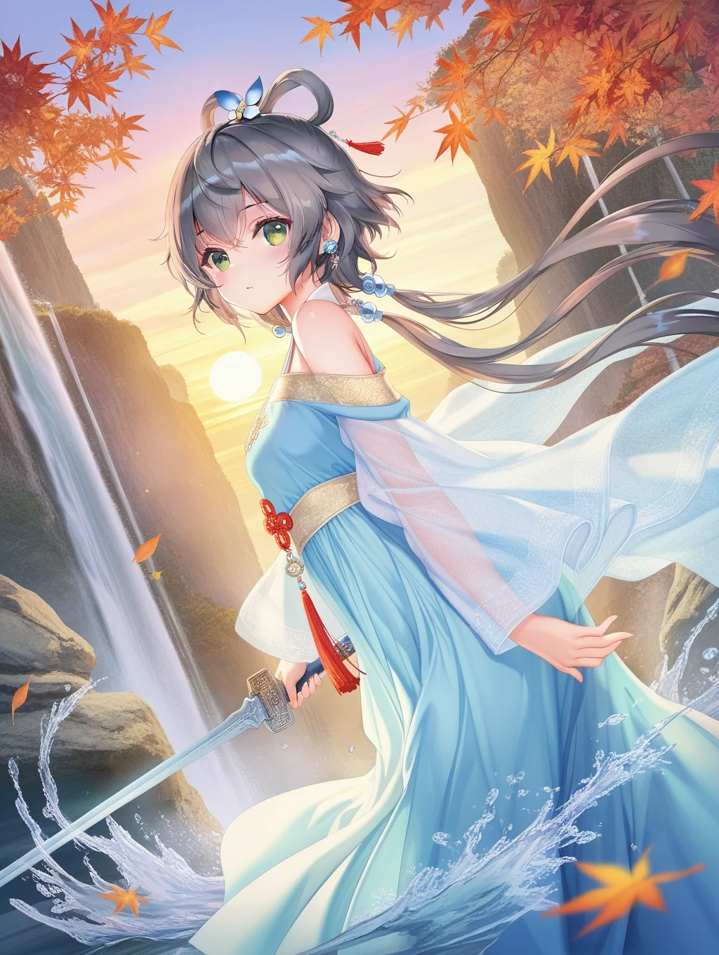 luo_tianyi,(artist:atdan:0.9),(artist:torino_aqua:0.8),(artist:izumi_tsubasu:0.9),(artist:kedama_milk:1.05),(artist:nardack:0.75),(artist:ke-ta:0.95),(artist:toosaka_asagi:0.7),(artist:sho_(sho_lwlw):0.8),(artist:as109:0.8),year 2024,
1girl,shiny skin,blush,holding sword,chinese sword,dynamic angle,(hanfu:1.1),chinese clothes,transparent clothes,tassel,chinese knot,bare shoulders,kanzashi,draped silk,gold trim,wind,bokeh,scattered leaves,flying splashes,waterfall,splashed water,looking at viewer,face focus,from side,sunrise,
ray tracing,dynamic lighting,refined rendering,depth of field,ambience sense,detailed light,extremely light,beautiful detailed lighting,perfect lighting,best shadow,detailed shadow,
,masterpiece,best quality,amazing quality,