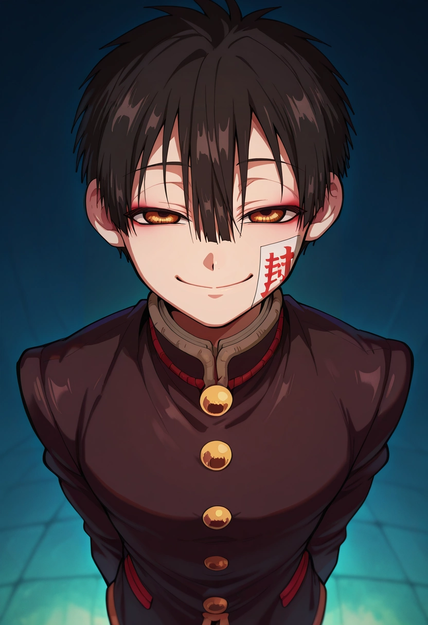 masterpiece, best quality, , semi-realistic, looking at viewer, 1boy, solo, male focus, <lora:hanako-kun_ilxl:0.9>, hanako-kun, black hair, brown eyes, short hair, hair between eyes, bangs, , gakuran, ofuda, symmetry, mont saint michel, light, arms behind back, half-closed eyes, smile,