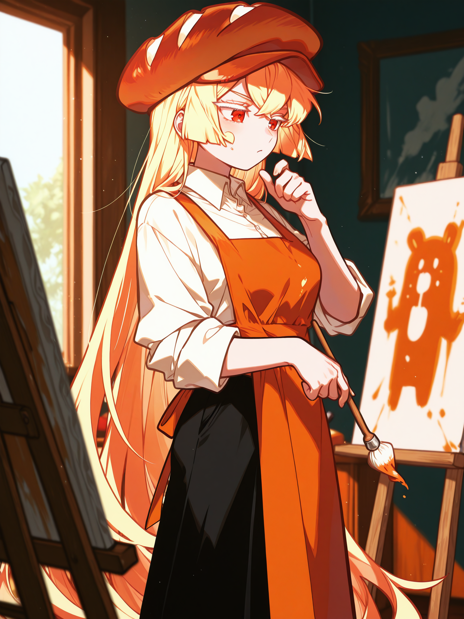 <lora:CR_BPC:1> CR_BPC, 1girl, very long hair, bread cabbie hat, collared shirt, sleeves rolled up, black pants, orange apron, food on face, <lora:cfg_scale_boost:0.5> [lazypos], <lora:spo_sdxl_10ep_4k-data_lora_webui:0.4> <lora:retrocute:1>, dynamic pose, white eyelashes, <lora:omoyunakyu715-_style_Illustrious:0.6> omoyu_nakyu715, indoors, painting \(action\), canvas \(object\), paintbrush, thinking,