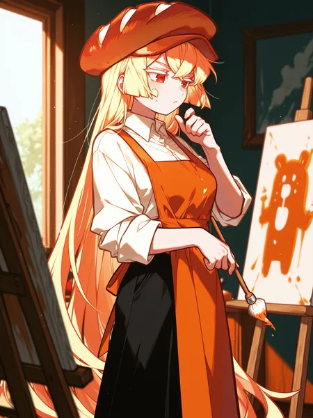 <lora:CR_BPC:1> CR_BPC, 1girl, very long hair, bread cabbie hat, collared shirt, sleeves rolled up, black pants, orange apron, food on face, <lora:cfg_scale_boost:0.5> [lazypos], <lora:spo_sdxl_10ep_4k-data_lora_webui:0.4> <lora:retrocute:1>, dynamic pose, white eyelashes, <lora:omoyunakyu715-_style_Illustrious:0.6> omoyu_nakyu715, indoors, painting \(action\), canvas \(object\), paintbrush, thinking,