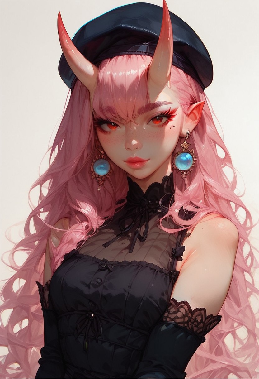 (score_9, score_8_up, score_7_up),(thick outline), pinkubus girl,red eyes,pink hair,otoko no ko, oni horns,black dress,beret,thick,(chubby:0.2),
