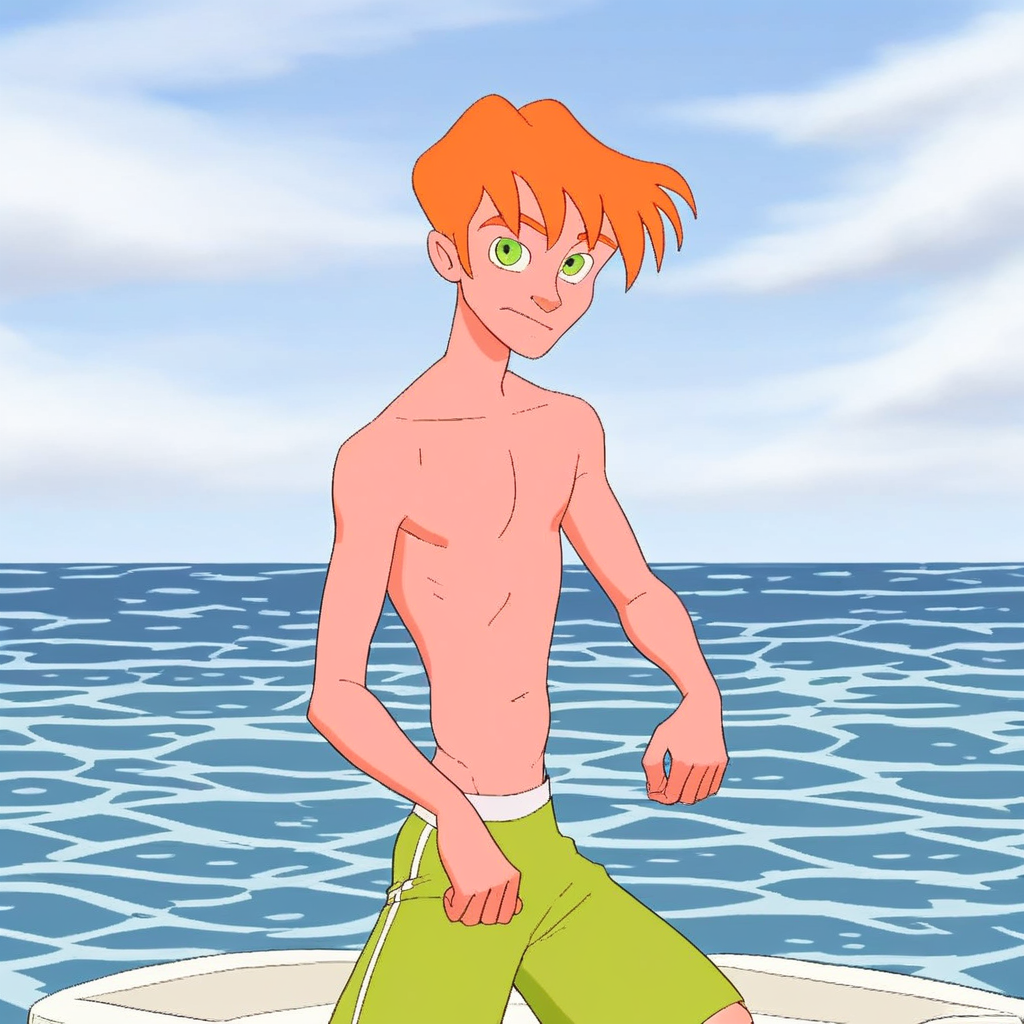 Jason, 1boy, solo, male focus, green eyes, orange hair, male swimwear, swim trunks, topless male, score_9, score_8_up, score_7_up, score_6_up <lora:vinceteaa_020_04v2-step00000400r:1> good face, good eyes, looking at viewer, full body, standing,