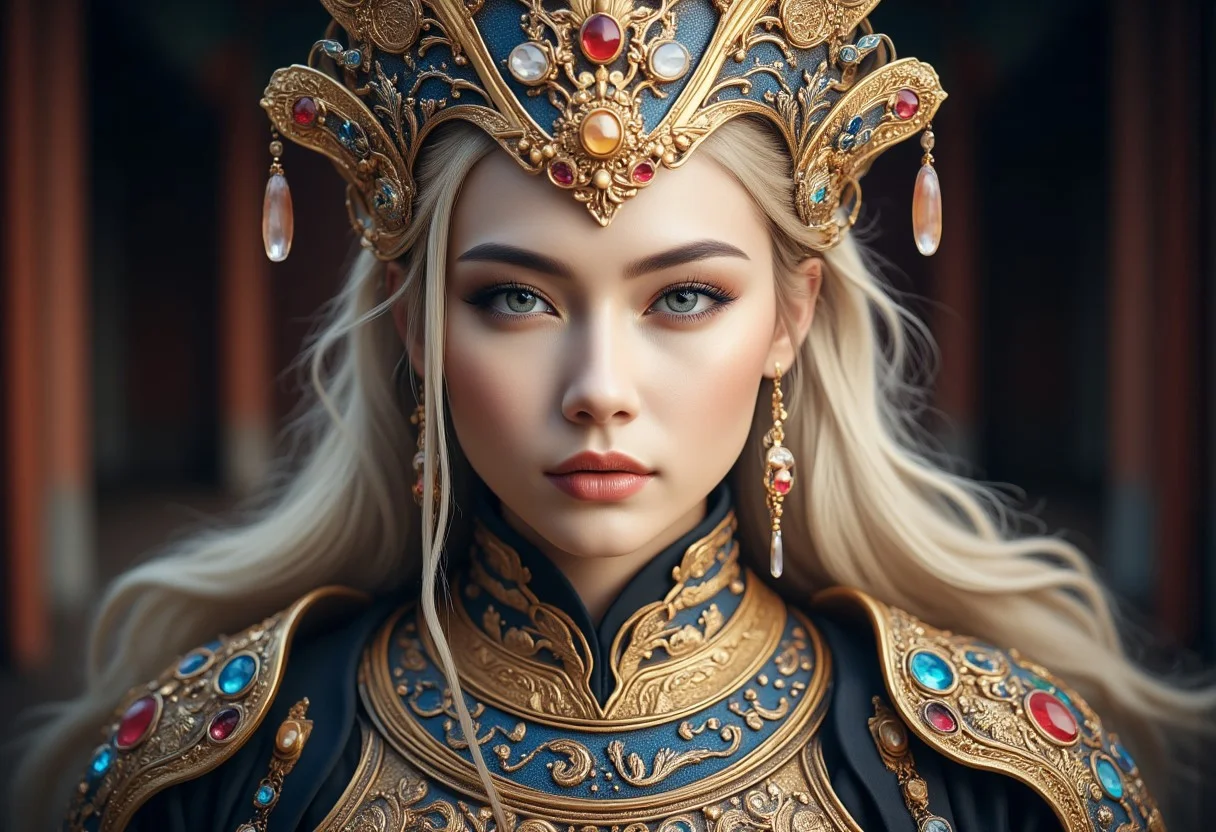 Create an image of an extremely beautiful Chinese woman, wearing a golden crown adorned with colorful gemstomes and jewels and intricate, ornate steel armor. The woman is standing in front of an ancient, very ornate and intricate Chinese Monastery. The image showcases her natural beauty, focusing on her flawless skin and delicate features. Her blonde hair is styled in an intricate and unique fashion, adding to her ethereal and timeless aura. The lighting enhances her features, creating a soft interplay of light and shadow, while the high-resolution quality captures every detail with photorealistic clarity. aidmaMJ6.1