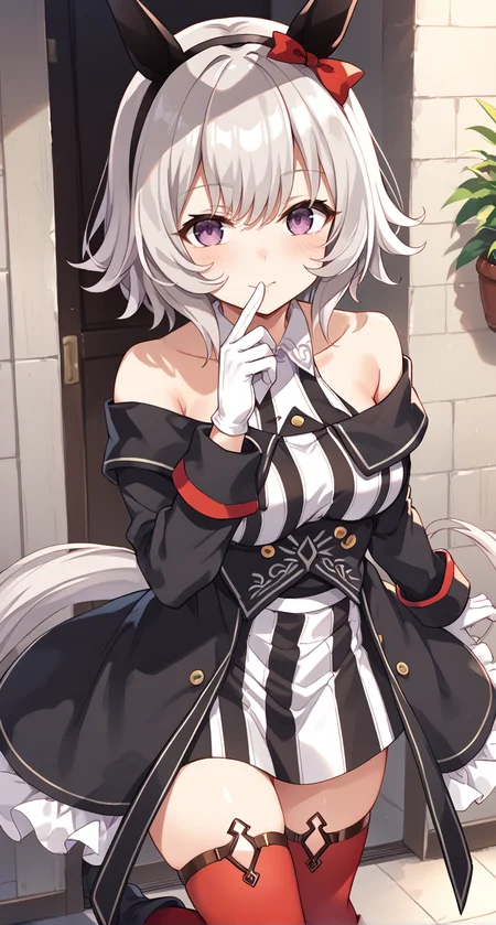 score_9,score_8_up,score_7_up,
official art,official style,game cg,megami magazine,
uncensored,
1girl,
crc race,curren chan (umamusume),
animal ears,bare shoulders,black coat,coat,gloves,
highres,horse ears,horse girl,horse tail,long sleeves,
off-shoulder coat,off shoulder,red legwear,short hair,
tail,white gloves,blush,ear covers,grey hair,hair between eyes,
red thighhighs,striped,thighhighs,violet eyes,black dress,boots,dress,
thigh-highs,ear ribbon,red ribbon,ribbon,white hair,black hairband,
bow,ear bow,hairband,red bow,off-shoulder dress,purple eyes,
striped clothes,striped dress,white dress,bangs,black jacket,
eyebrows visible through hair,jacket,vertical-striped dress,vertical stripes,
silver hair,collared dress,off-shoulder jacket,sleeveless,sleeveless dress,
standing,
<lora:umamusume_curren_chan_pony_v1:1>,