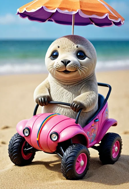 Capture the whimsical charm of a hybrid creature that combines the cuteness of a seal with the quirky fun of a beach buggy in astounding detail. The creature's body resembles a plump, fluffy seal, complete with big, soulful eyes and a playful, whiskered smile. Its sleek, streamlined form transitions seamlessly into the vibrant, colorful chassis of a beach buggy, adorned with oversized, cartoonish wheels and a cheerful, sunshade canopy. The buggy's headlights twinkle mischievously, adding a touch of humor to the scene. The creature's flipper-like paws rest comfortably on the buggy's steering wheel, exuding a sense of contentment and joy. The sandy beach backdrop is dotted with seashells, beach umbrellas, and frothy waves, enhancing the creature's adorable and endearing presence.