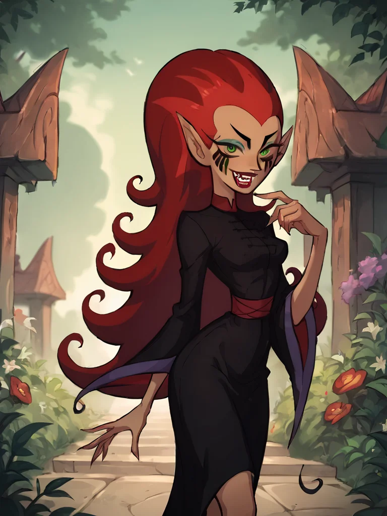 1girl, black dress, wuya, solo, long hair, red hair, pointy ears, green eyes, makeup, lipstick, facepaint, smile, fangs ,standing, looking at viewer, outdoors, score_9, score_8_up, score_7_up, score_6_up <lora:WuyaPony1.1:0.8> <lora:Smooth Anime Style LoRA XL:1>