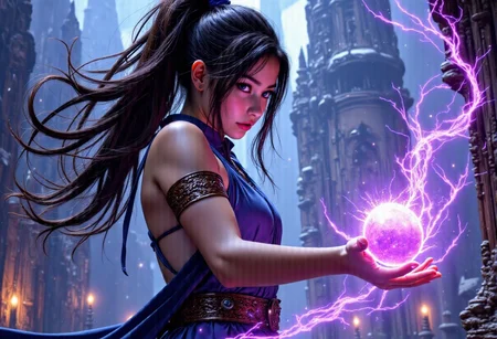 1younggirl, Masterpiece, 8k, ultra high detail, score_7 up,
volumetric lighting, vivid colors, vibrant colors, score_8_up, score_9, very small breast size, very long open midnightblack hair with nightblue shiver, fcNeg, stunning blue halfasian eyes, suntan skin, small nose, innocent beauty, slim face, cute face, skinny body, perfect body, extreme detailed body, intence blue eyes, perfect face, ultra high detailed face, perfect eyes, very petite, human ears,
Innocent face, innocent beauty,
Tan Poor Medieval fantasy clothes, ready to fight,
using violett powerfull magic, magic violett lighting, highly concentrated, casting spell with both hands,
Huge magical temple in background, fighting agains huge spider, surrounded by spider, spiderweb,
Fighting agains monsters, using Powerfull magic, using attack magic, fighting scene, Final Attack, aura, magic, bright eyes, BadDream, final magic attack, ultimate magic attack, energy aura, massive magic attack,
Kamehameha-Charge,hands cupped together,bent elbows,arms on waist level, holding a glowing orb with massive energy vortex, massive intense magic vortex whirling around girl, mythp0rt, detailed hands,