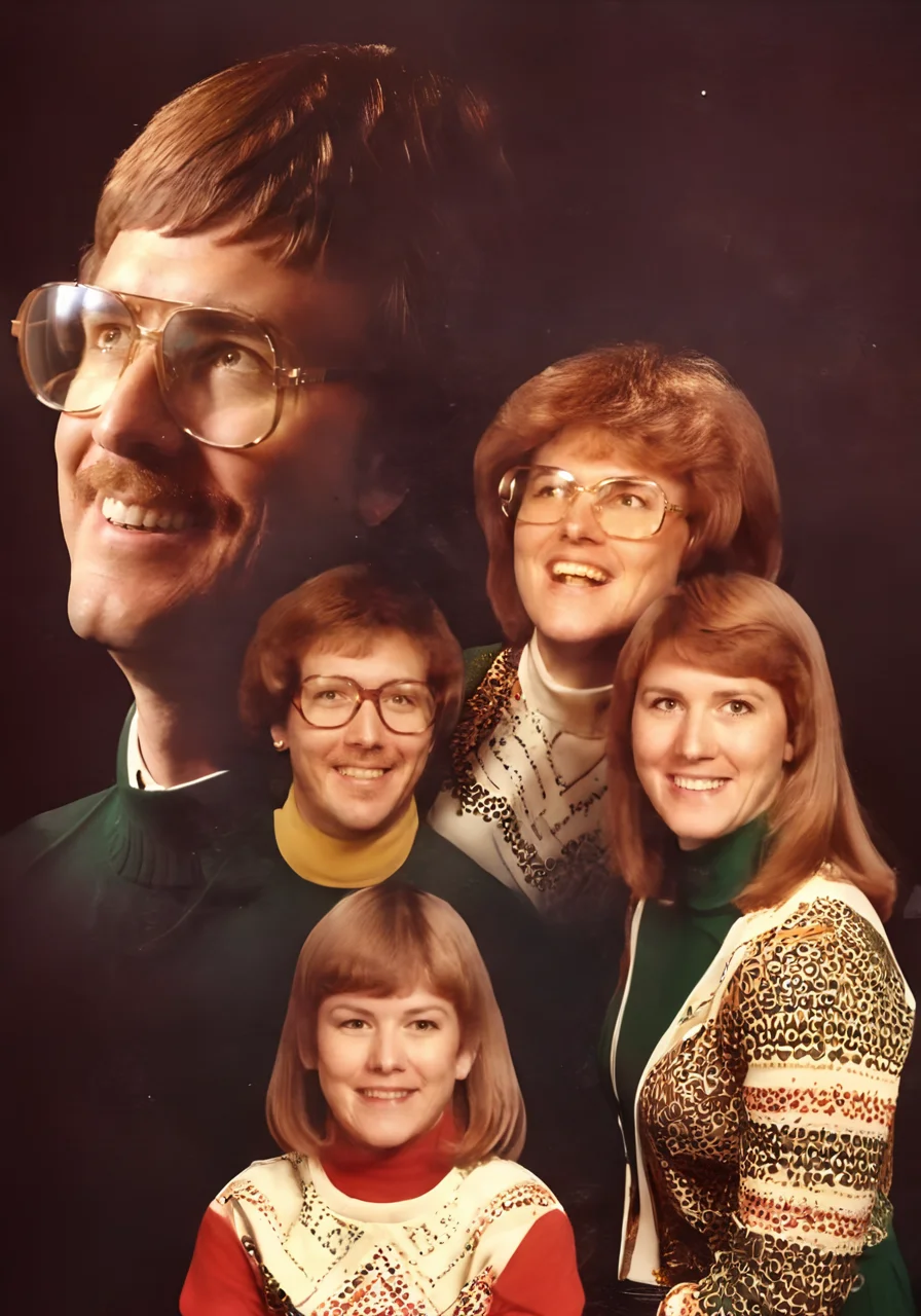 an awkward family photo, double exposure effect, a80psdxl, dark background, <lora:a80psdxl:1>, cheesy smiles, nerdy family