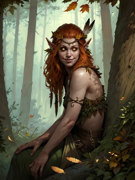 female, elf, wavy orange hair, glowing yellow eyes, no pupils, lavender skin, forest, druid, evil smile, leaves in hair, feather jewelry, piercing on side of nostril, sentinel owl, <lora:GWENTXLV3:0.8>, score_9, score_8_up, score_7_up, realistic