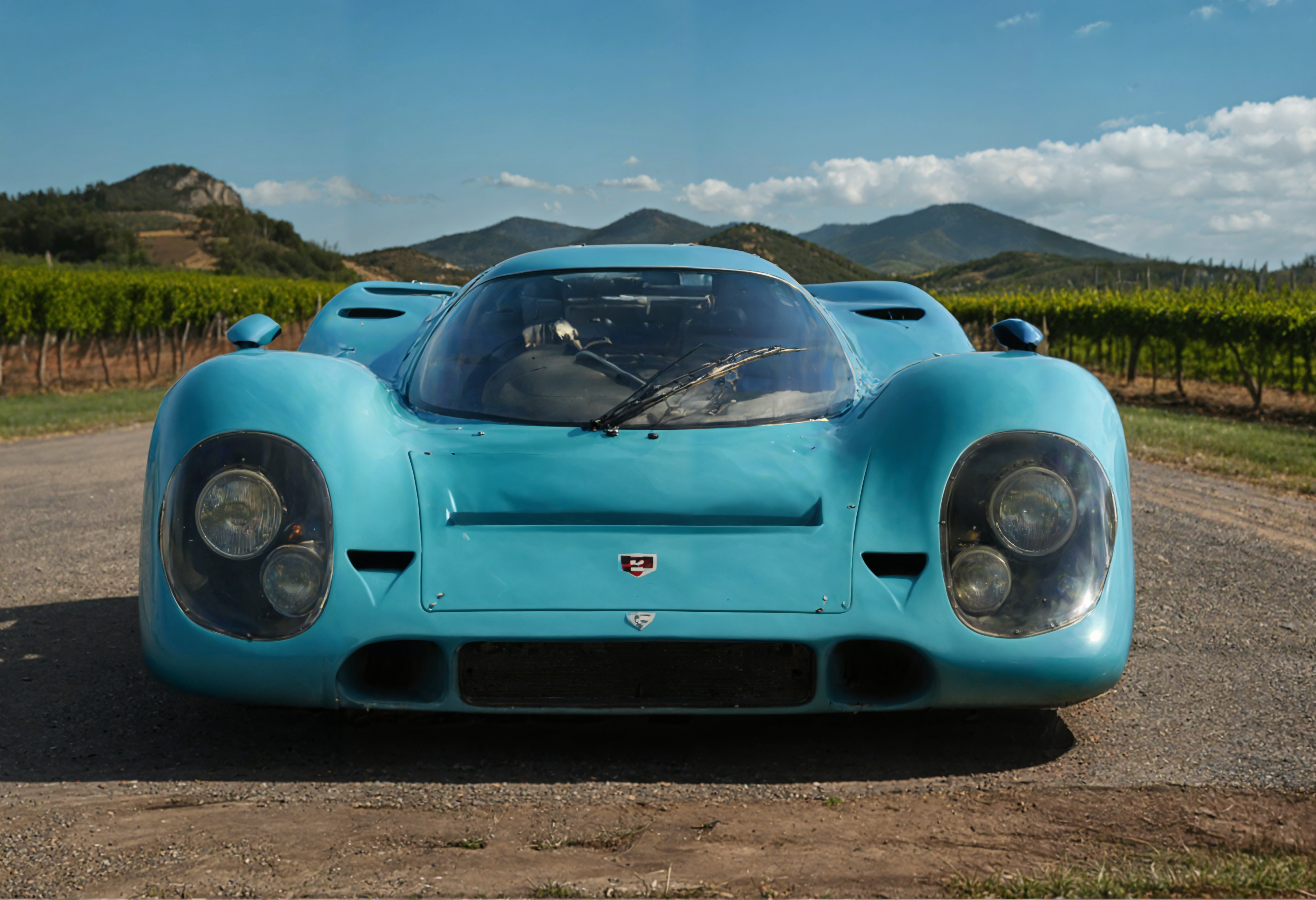 a photograph of a sports car, p0rsche9l7xl,     Clear Blue Skies: Bright, clear skies that often symbolize positivity, openness, and clarity., Teal Blue,  front view , A tranquil, sun-drenched vineyard in Tuscany., dark, low-key,   low color saturation, concept art, perfect composition, masterpiece, professional photography, zeiss lens, shot on dslr 64 megapixels, sharp focus, intricately detailed, dramatic, tilt shift, f/32,