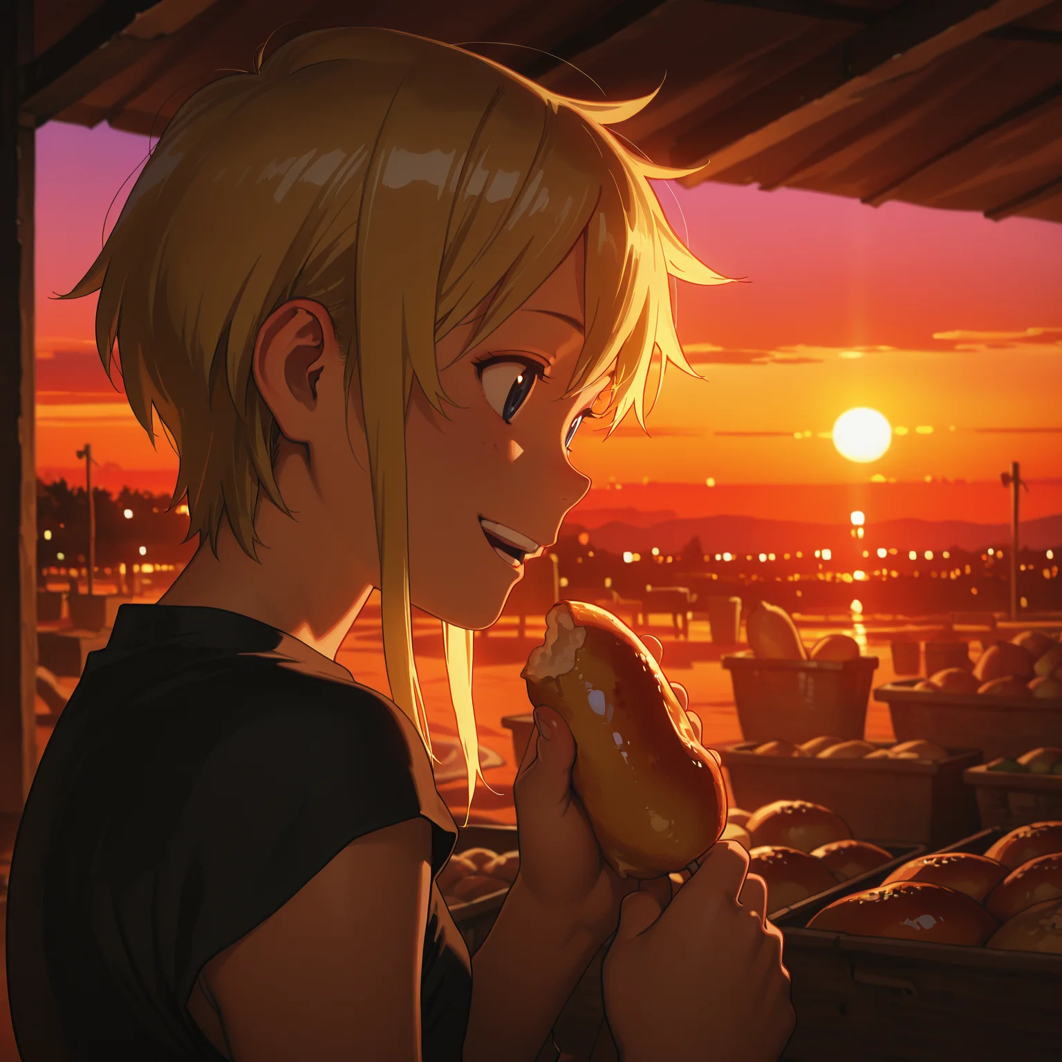 HDR, 8K, high contrast, masterpiece, best quality, amazing quality, very aesthetic, high resolution, ultra-detailed, absurdres, newest, dappled light, cinematic lighting, Negative, (takamichi:0.5), (ilya kuvshinov:0.5),
 <lora:Magi_Leila_Illustrious:1> L3ila, 1girl, Blonde Hair, Short Hair, Blue Eyes, Sidelocks, on market, sunset, holding food, happy,