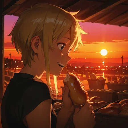HDR, 8K, high contrast, masterpiece, best quality, amazing quality, very aesthetic, high resolution, ultra-detailed, absurdres, newest, dappled light, cinematic lighting, Negative, (takamichi:0.5), (ilya kuvshinov:0.5),
 <lora:Magi_Leila_Illustrious:1> L3ila, 1girl, Blonde Hair, Short Hair, Blue Eyes, Sidelocks, on market, sunset, holding food, happy,