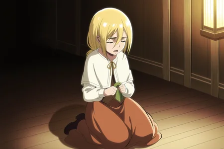 anime screencap, anime coloring, detailed face, masterpiece, best quality, very aesthetic, absurdres, volumetric lighting, official style, amazing quality, ultra detailed,  highres, amazing quality, scenery, beautiful detailed hair, beautiful detailed eyes, detailed fingers,
<lora:Historia_ReissKrista_Lenz_Attack_on_Titan_Seasons_1-3:1>
inside, Young Historia season 1 (appearance), Historia Reiss (character), 1girl, krista lenz, blonde hair, solo, closed eyes, skirt, sitting, anime coloring, open mouth, sad, capelet, on ground, red skirt, holding, long skirt, child, younger girl,