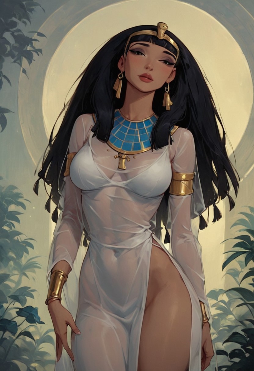 score_9, score_8_up, score_8, score_9_up, Queen Tuya, eyeshadow, long hair, black hair, blunt bangs, black eyes,egypt clothes, white robe, transparent clothes, white silk, gold jewelry, bracelets, headwear, gold headband, wide hips, slim waist, large breasts
