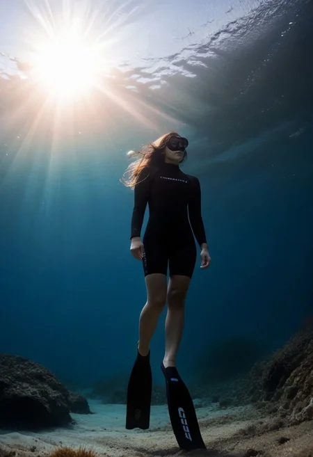 score_9, score_8_up, score_7_up, realistic,
BREAK
Underwater low angle photo of a female freediver wearing a black wetsuit swimming up towards the surface, black dive mask, black diving fins, light rays, water surface, flowing hair,
BREAK
high quality, high detail,