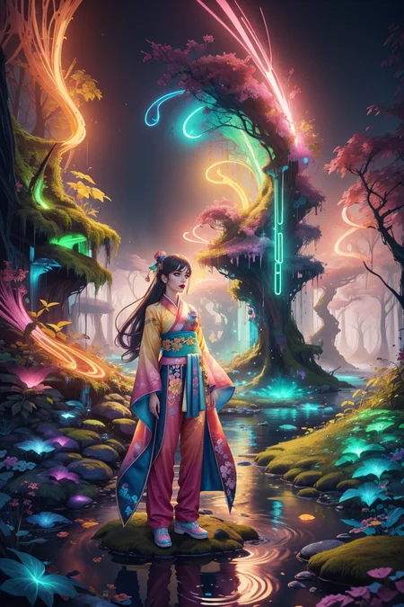 (centered) full body shot, (solo:1.1) woman in fantasy (forest:1.1) wearing (colorful HANFU COSTUME:1.1) (with pants) standing on a moss covered rock in stream, volumetric lighting, slight mist in the air <lora:SD15_Nature_and_Technology:0.36> <lora:Fluorescent_Lava_Cave:0.25>, subsurface scattering, ultra hd, 4k, high def, Photorealistic, Hyperrealistic, Hyper detailed, analog style, realistic, masterpiece, best quality, ultra realistic, 8k, Intricate, High Detail, film photography, soft lighting, heavy shadow, Color gradient of neon pink, neon blue, neon yellow, neon green