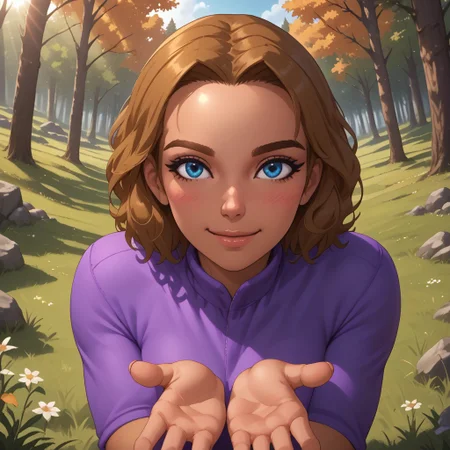 score_9, score_8, BREAK, solo, wii, mii, wii sports, 1girl, female mii, dark blonde hair, blue eyes, brown eyebrows, blush, purple clothing, white pants, shoes, breasts, nintendo mii, modern_mii, classic_mii, Alice_(Wii_Sports), cute, dark skin, dark skin female, sexy pose, self portrait, smile, outdoors, sunlight, shadows, evening lighting, natural lighting, forest, trees, grass, orange sky, sunset