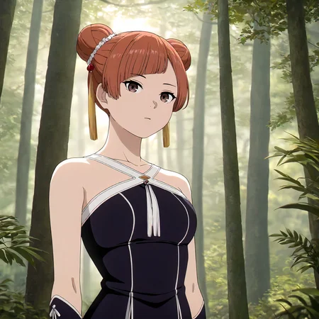 <lora:FBJE_LaufenXLIllustrious003>,
masterpiece,best quality,good quality,newest,
detailed background,nature,
looking at viewer,
solo,
Laufen,1girl,brown hair,short hair,double bun,brown eyes,yellow hairornament,
black dress,bare shoulders,
gloves,
upper body,
standing,