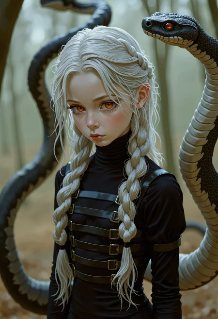 SWMS, young girl with flowing, silver-white hair intricately braided, her piercing red eyes partially obscured by loose strands. She wears a black, form-fitting military-style outfit with leather straps and intricate detailing. Surrounding her are large serpents, their scales glistening with a lifelike texture, eyes glowing a menacing red. Her hands, gloved in textured black leather, rest calmly at her sides. The atmosphere is tense, with soft, diffused light casting sharp, photorealistic shadows across her pale skin and the snakes coiled bodies. The background is a misty, abstract environment, enhancing her eerie and powerful presence. Every detail, from the weave of her braid to the fine scales of the serpents, is rendered with exquisite realism, making the scene vivid and lifelike., detailed drawing <lora:FLUX - SWMSF - Styles for FLUX ( detailed drawing, swms ):1>