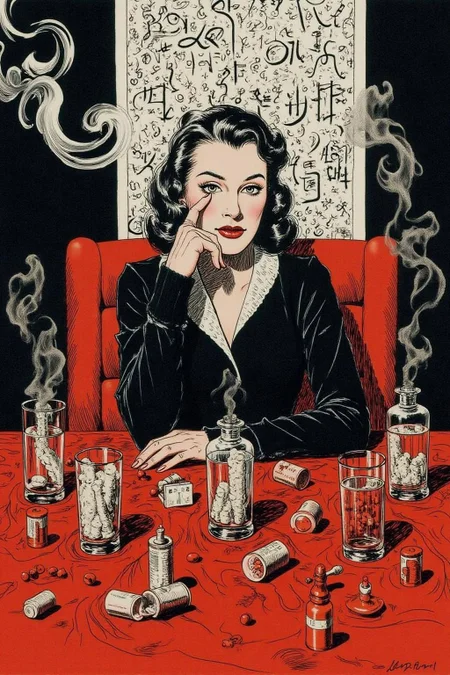 alexray1 drawing
Create a cinematic, surreal portrait of a woman seated at a cluttered red table, surrounded by mirrored reflections of herself. She wears intense red eye makeup that accentuates her expressive gaze. The scene is filled with translucent glass cups, pill containers, and small bottles, all creating an eclectic and moody atmosphere. Smoke rises around her, adding a dreamlike quality, while a wallpaper of hand-drawn symbols or calligraphy fills the background. The lighting is muted and soft, emphasizing a reflective and introspective mood with a retro, film-noir style <lora:alexray1_nocap_d6a3:1.0><lora:815514693797075022:0>