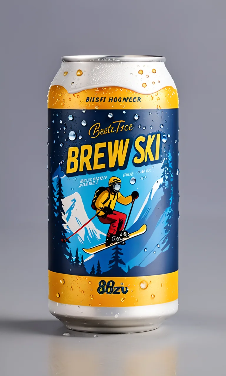 <lora:bevlabsdxl:0.9>,a beer can with a man skiing,  text "Brew-ski", bevlabsdxl,  best quality, masterpiece, water droplets, logo, fancy beer,