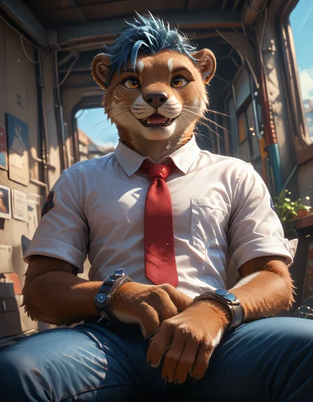score_9, score_8_up, score_7_up, rating_safe, detailed, <lora:add-detail-xl:1.0>, solo, anthro, furry, <lora:ottis_the_otter_v1-09.safetensors:1.0>, (ott1s_the_0tter:1.1), 1boy, solo, male focus, clothing, joy, smile, open mouth, shirt, pants, red necktie (dutch angle, sitting hand on wrist looking pleasured, smirk, tomb crepuscular ray light rays blizzard shadow:1.15)