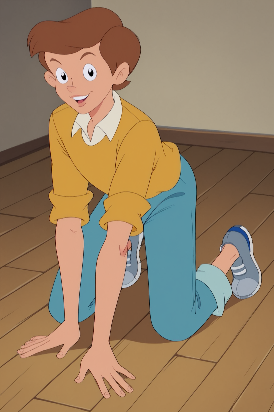 score_9, score_8_up, score_7_up, score_6_up, BREAK, TommySPLXL, retro artstyle, black eyes, brown hair, short hair, male child, pectorals, white collar shirt, yellow shirt, sleeves rolled up, blue pants, grey shoes, solo, full body, all fours, seductive smile, looking at viewer, indoors <lora:TommySPLXL:1>