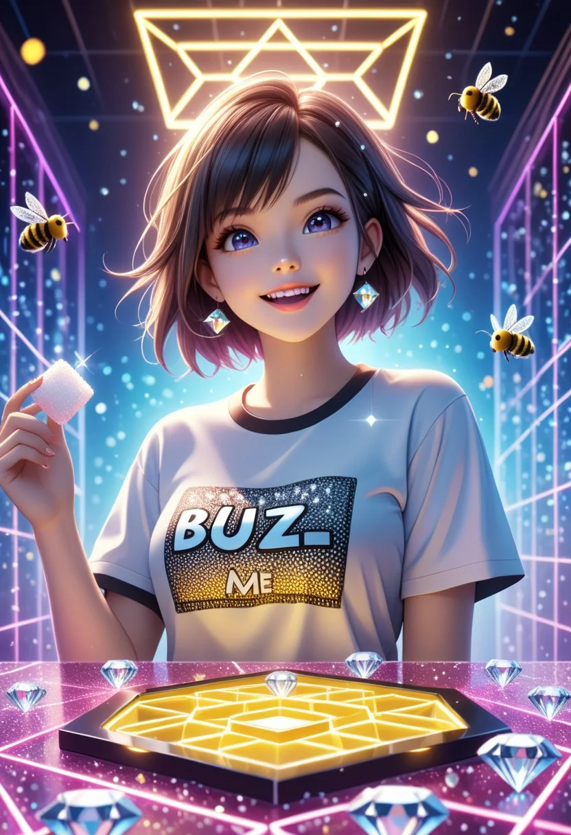 (masterpiece, best quality, absurdres, highres), at exit of a mirror maze made of endless diamonds three bees are collecting sugar cubes, wearing a meshed t-shirt text "BUZZ", playful, electrical flashes, flashing light, bokeh, depth of field, comic image, neon color geometric background, asymmetrical composite, (in bold neon color shades:1.3), perfect lighting, 4k, low-angle view, extreme long-shot, diamondMW