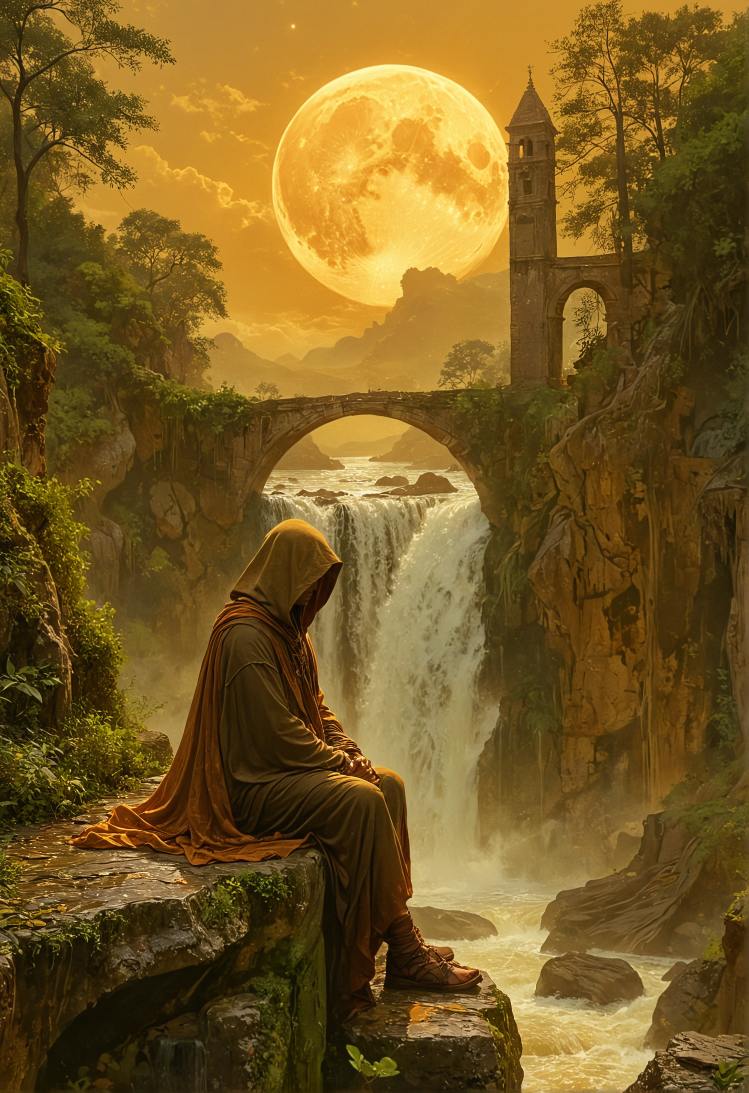 A cloaked figure in earthy tones of olive and brown sits pensively on the edge of a cascading waterfall, surrounded by lush greenery and ancient stone ruins, beneath a surreal oversized golden moon that bathes the scene in a mystical amber light, <lora:EpicF4nta5yXL:0.3>, <lora:Niji:0.8>, <lora:DetailMaximizer:0.3>