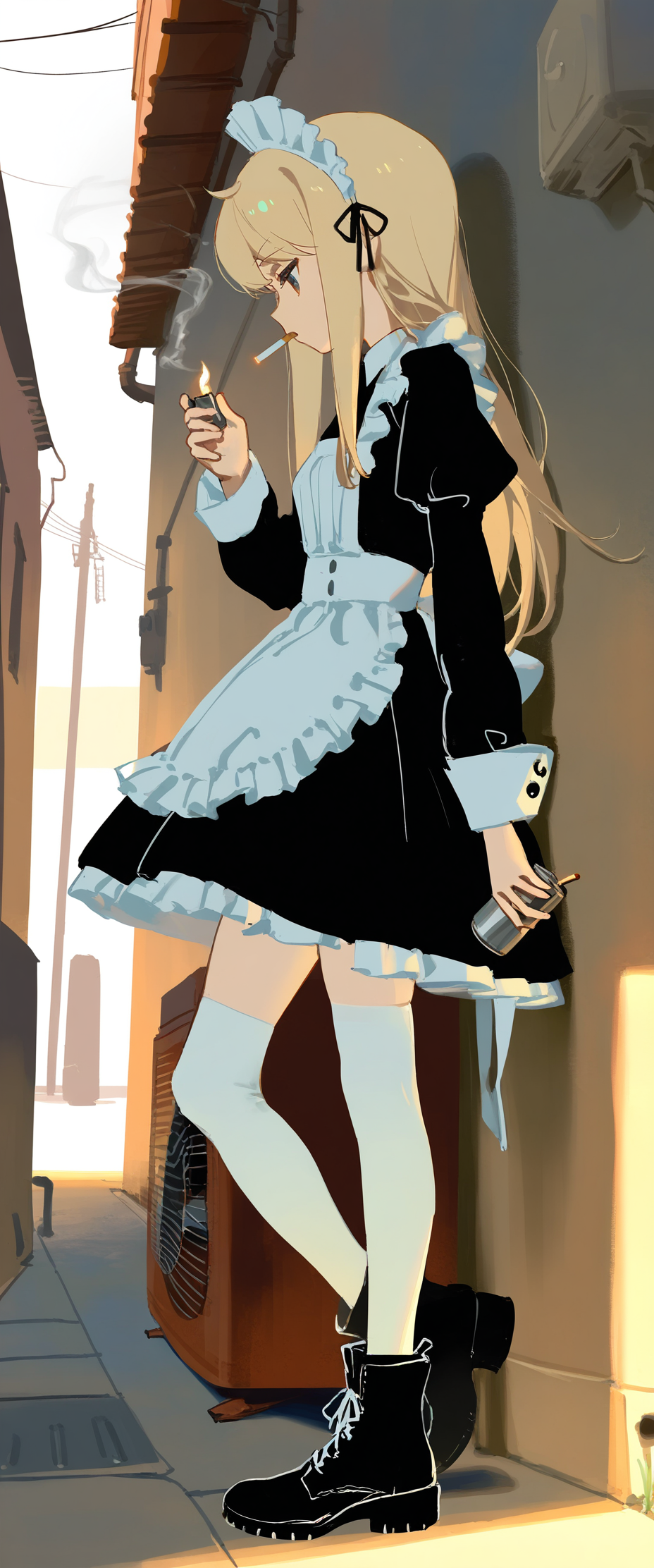 <lora:SDXL\Illustrious\dj_sloppa_noob_v2_vpred.safetensors:0.6:1.0>(no lineart:1.1),Tsukumizu,(porforever:0.5),(rei \(sanbonzakura\):0.8),ask \(askzy\), (ciloranko:0.7), (sho \(sho lwlw\):0.9), (as109:0.75),millipen_\(medium\),  1girl, solo, long_hair, bangs, blonde_hair, thighhighs, long_sleeves, dress, holding, standing, full_body, sidelocks, boots, outdoors, frills, shoes, black_footwear, apron, black_dress, from_side, white_thighhighs, maid, maid_headdress, profile, mouth_hold, looking_down, leg_up, standing_on_one_leg, waist_apron, white_apron, maid_apron, cross-laced_footwear, smoke, frilled_apron, cigarette, can, smoking, ankle_boots, against_wall, holding_cigarette, industrial_pipe, alley, air_conditioner, lighter  ,very aesthetic, masterpiece, best quality, highres, absurdres