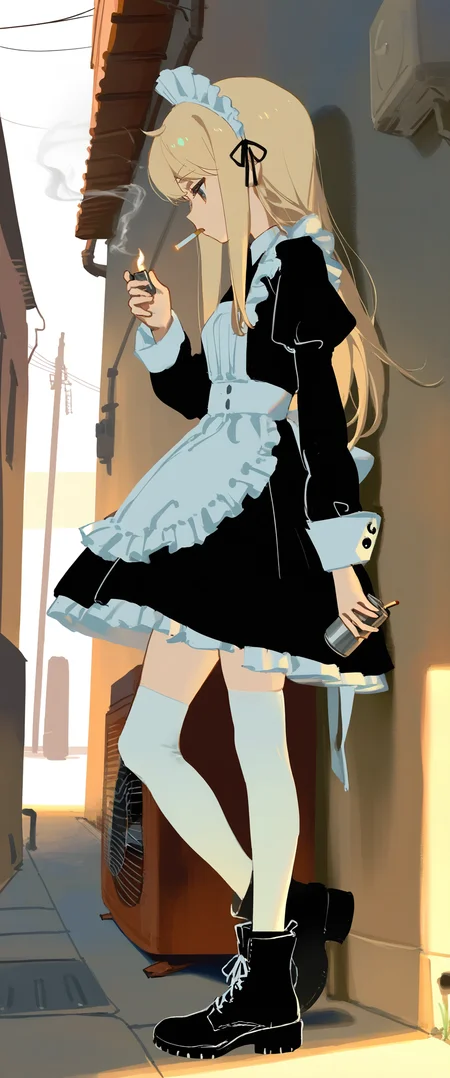 <lora:SDXL\Illustrious\dj_sloppa_noob_v2_vpred.safetensors:0.6:1.0>(no lineart:1.1),Tsukumizu,(porforever:0.5),(rei \(sanbonzakura\):0.8),ask \(askzy\), (ciloranko:0.7), (sho \(sho lwlw\):0.9), (as109:0.75),millipen_\(medium\), 1girl, solo, long_hair, bangs, blonde_hair, thighhighs, long_sleeves, dress, holding, standing, full_body, sidelocks, boots, outdoors, frills, shoes, black_footwear, apron, black_dress, from_side, white_thighhighs, maid, maid_headdress, profile, mouth_hold, looking_down, leg_up, standing_on_one_leg, waist_apron, white_apron, maid_apron, cross-laced_footwear, smoke, frilled_apron, cigarette, can, smoking, ankle_boots, against_wall, holding_cigarette, industrial_pipe, alley, air_conditioner, lighter ,very aesthetic, masterpiece, best quality, highres, absurdres