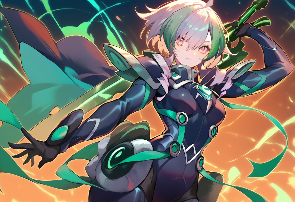 (score_9:0.9),score_8_up,score_7_up,anime style,rating_safe,(zPDXL),<lora:sky striker ace - camellia ponyXL v2:0.82>,sky striker ace - camellia,black battle costume,weapon,green katana,holding green katana,holding,holding weapon,solo,looking at viewer,