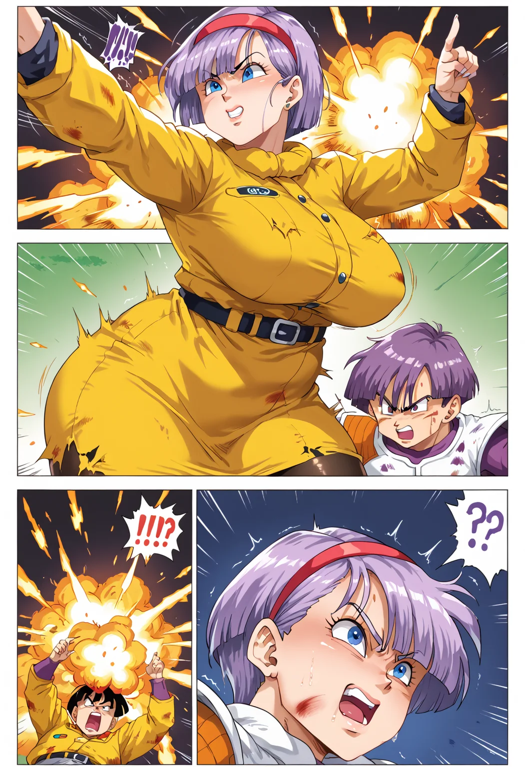 score_9, score_8_up, score_7_up, score_6_up, score_5_up, score_4_up, anime source,
<lora:FComic_1to1000_Pony_V1:0.0>
<lora:DBBattle_Pony_V2:0.8>DBBattle, (duel:1.25), (comic:1.25), battle, emphasis lines, speed lines, motion lines, !?, !!, style parody,
Frame, Text, English Text, speech bubble, trembling, focus line, vibrating line, comic expression, Sound effect,
1 girl, girl forcas, 2+ boys, Monster Boy, Creature Boy, Mutant Boy,
fighting stance, aura, simple backgraund,,
injury, torn clothes,
((explosion)),
Purple hair, bob cut,
<lora:bulmaxl3:1>bulmaxl, bulma, namek saga, breasts, short hair, blue eyes, yellow jacket, yellow skirt, pantyhose, belt, black pantyhose, selfie, red hairband,
(mature female:1), huge brests:1, shiny skin, oily skin, Thick thighs, voluptuous lower body,