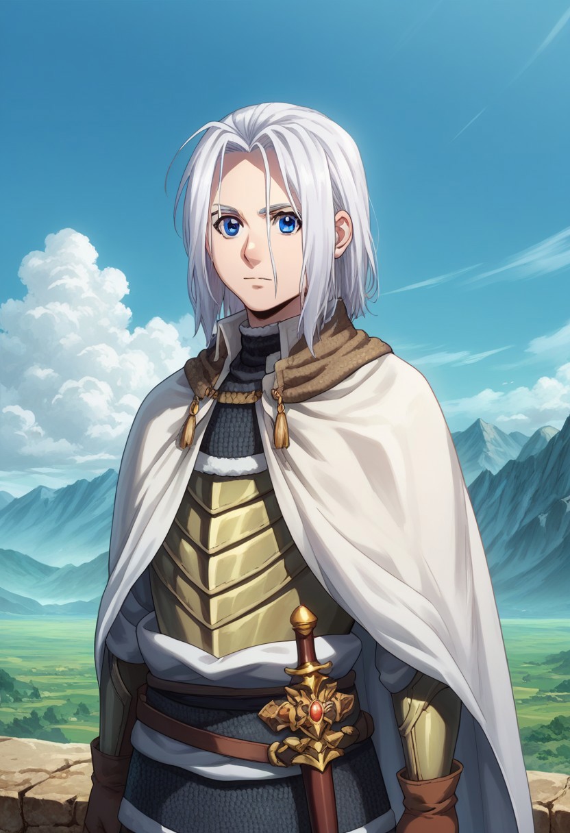 score_9, score_8_up, score_7_up, source_anime, highly detailed, 
arslan, 1boy, male focus, solo, armor, blue eyes, cape, gloves, chainmail,  brown gloves,
standing, looking at viewer, white hair, upper body,
outdoor, mountains, sky, clouds,