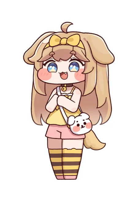 (trickcalcg), (chibi, chibi only:1.3), blush, blush stickers, 
1girl, solo, long hair, blush, smile, open mouth, blue eyes, simple background, shirt, brown hair, white background, thighhighs, holding, bow, animal ears, tail, full body, ahoge, :d, hair bow, hairband, shorts, virtual youtuber, fang, striped clothes, bag, chibi, collar, bell, :3, blush stickers, thick eyebrows, transparent background, striped thighhighs, dog ears, yellow bow, neck bell, camisole, dog tail, shoulder bag, handbag, dog girl, pink footwear, yellow hairband, pink shorts, yellow camisole, butter \(trickcal\), 
(masterpiece, best quality, absurdres, highres, newest, very awa:1.2), 