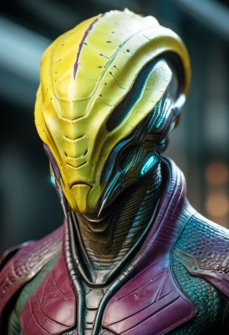 mass effect, ultra realistic, realism, aquatic, reptilian fish alien, Genestealer, cinematic, mechanical face mask, indentation, beveling, edge bevels, wearing leather science fiction armor, (((without helmet))), (((no helmet))), exudes confidence and power, talons, claws, crustacean, Colors: yellow and turquoise and violet, volumetric lighting, realistic subsurface scattering , cinematic low-key portrait photography, hyper detailed, texture, 8k, HD, UHD, perfect texture, featured on Artstation, top of Pinterest, (((no eyes)))